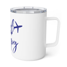 Load image into Gallery viewer, Travel is My Therapy Insulated Coffee Mug - White/Blue
